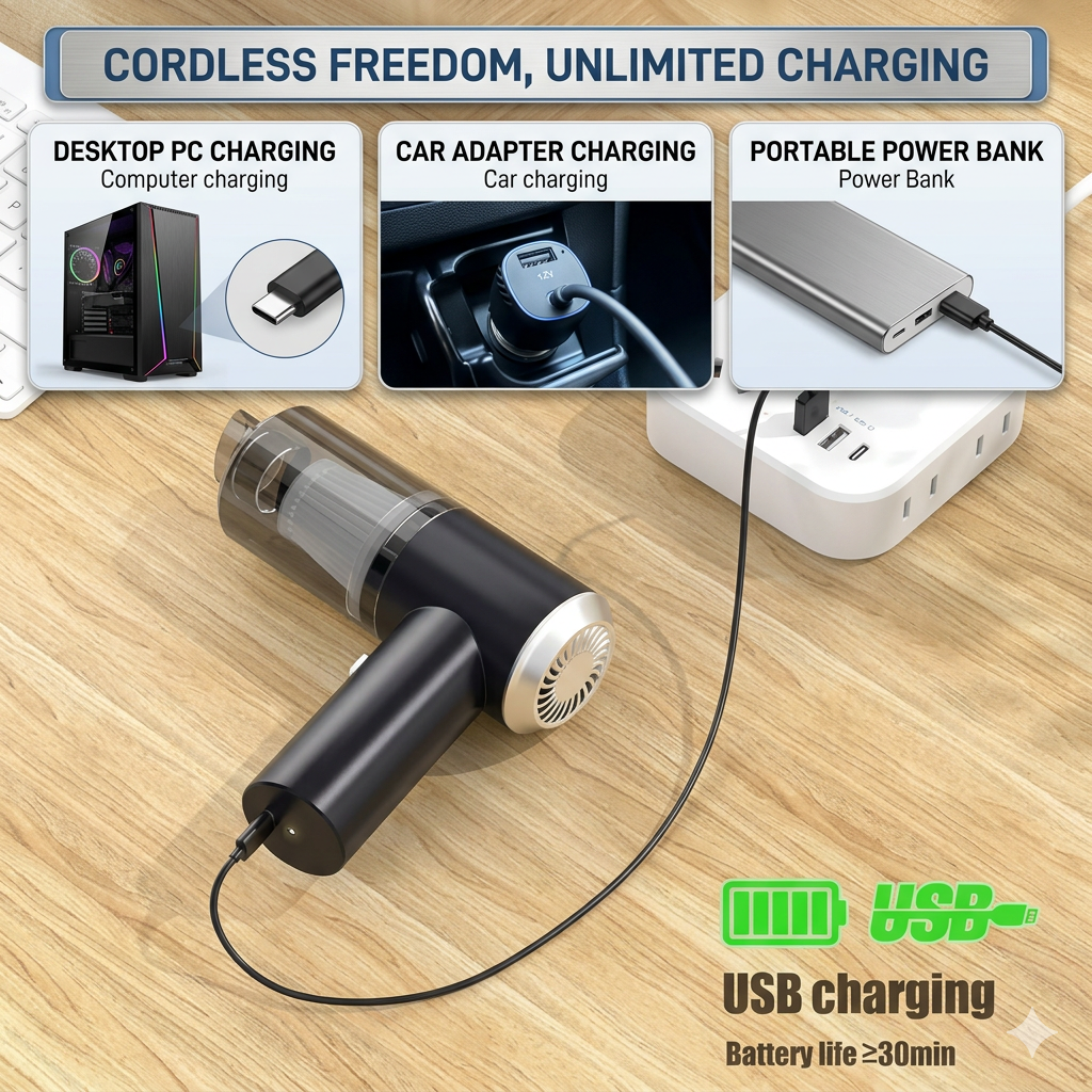 Elvron™ Portable TurboVac – High-Power Cordless Vacuum for Car & Home